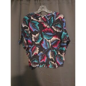 Cherry Hill Black Floral Leaf Print Blouse, Women's‎ Medium Top, Fringe Top
